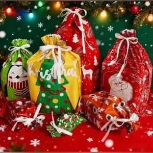 50PCS Christmas Drawstring Gift Bags With Tags Set Unisex Holiday Wrapping Bags